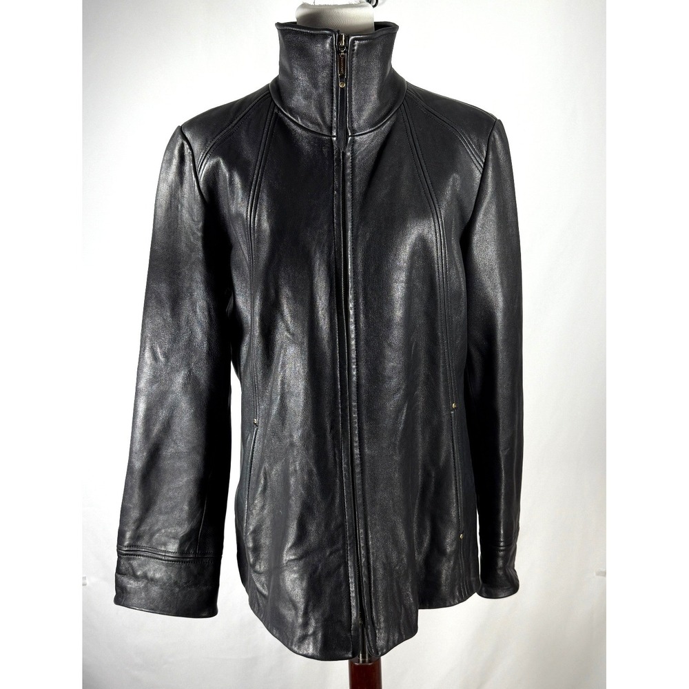 Ellen Tracy Womens Black Leather Zip Front Jacket Size L Funnel Collar Old Money